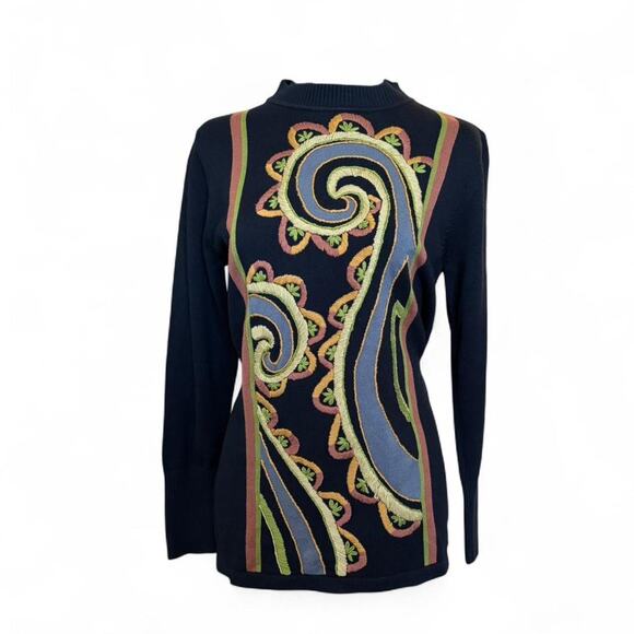 Bob Mackie Wearable Art Black Embroidered Paisley Sweater XS Long Sleeve - Picture 2 of 7